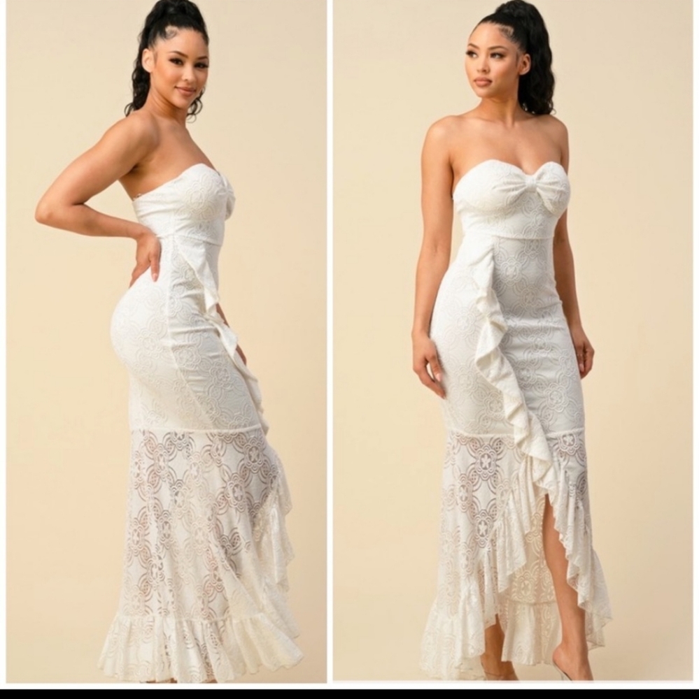 Ivory Lace Formal Gown Strapless Maxi Dress